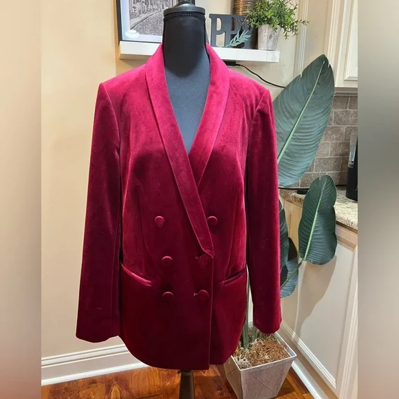 Express Red-Burgundy Velvet Sophisticated Double-Breasted Blazer Large